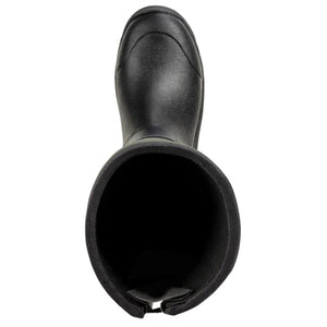 Top view of a black Korkers rubber boot showing the interior opening