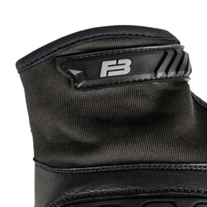 Close up of black motorcycle glove cuff with F3 logo strap