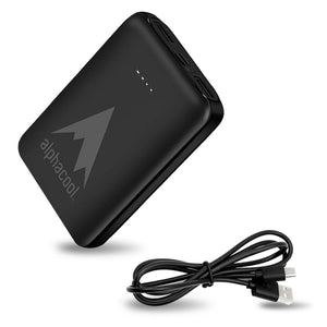 Black Alphacool portable power bank with charging cable