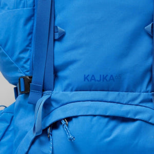 Blue FjallRaven Kajka 65 backpack detail showing straps and branding