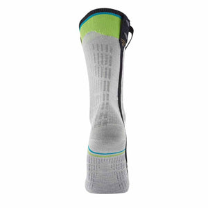 Sidas grey heated ski sock with green cuff and battery snap connectors