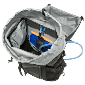 Open FjallRaven backpack showing interior hydration bladder sleeve and tube