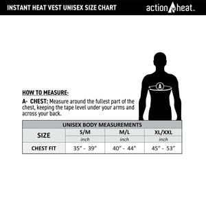 ActionHeat unisex vest size chart showing chest measurements for sizes SM ML and XLXXL