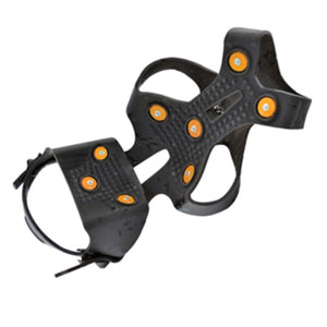 Black rubber ice traction cleats with orange metal studs