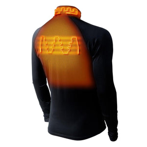 Back view of black long sleeve shirt showing glowing orange heating elements on the neck and upper back