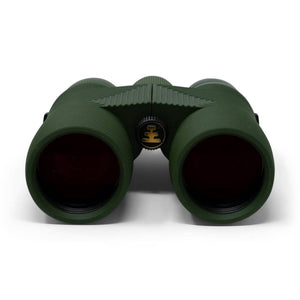 Olive green binoculars with a central focus wheel and black lenses