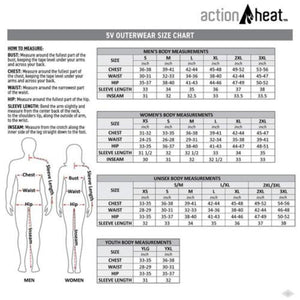 ActionHeat 5V outerwear size chart with body measurement instructions for men women unisex and youth