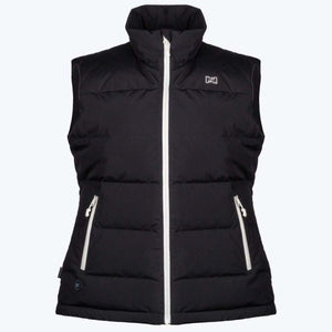 Mobile Warming black puffer vest with white zipper and high collar