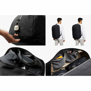Black travel backpack with Pacsafe lock, internal compartments, and person wearing it