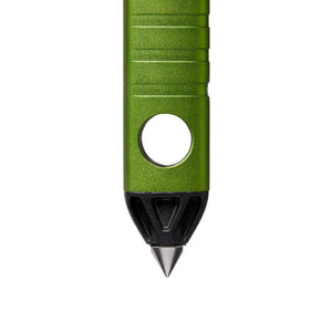 Green metal tactical pen tip with black plastic housing and steel point