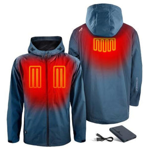 ActionHeat hooded jacket showing front and back heating zones with battery pack and charging cable