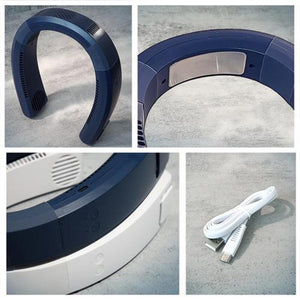 Blue and white wearable neck fan with metal cooling plate and USB charging cable