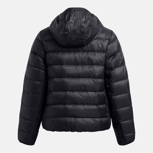 Back view of a black Under Armour hooded puffer jacket