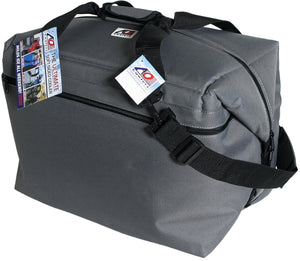 Grey AO Coolers soft sided cooler with black shoulder strap and product tags