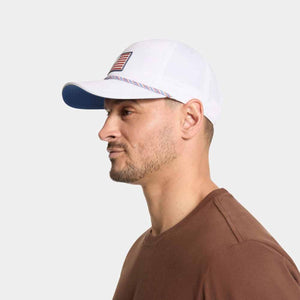 Mission white baseball cap with American flag patch on side
