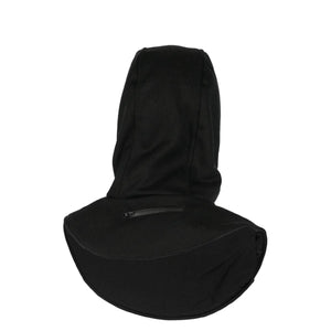 Black hooded neck gaiter with a small zippered pocket
