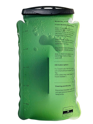 CompCooler green water bladder with printed operating instructions and volume markings