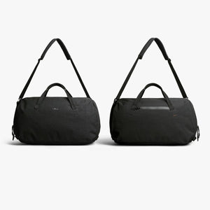 Two black Bellroy duffel bags shown from front and back angles