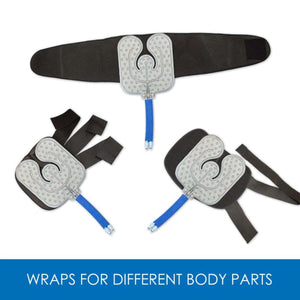 Three cold therapy wraps with blue hoses and black adjustable straps