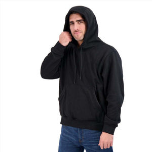 Man wearing a black Mobile Warming hooded sweatshirt with a front pocket