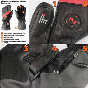 Mobile Warming Slopestyle heated glove features showing touch screen tip, heat button, palm, wrist synch, and battery