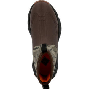 Top view of Muck brown waterproof ankle boot with camouflage collar and orange interior lining