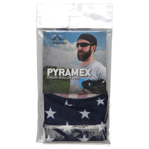 Pyramex cooling skull cap liner with American flag pattern in retail packaging