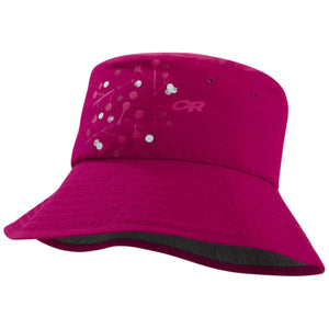 Outdoor Research magenta bucket hat with white and pink dot pattern