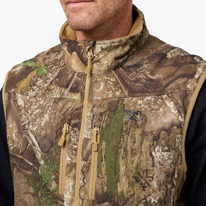 Mobile Warming camo print vest with zippered chest pockets and high collar