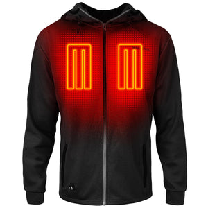 ActionHeat black hooded jacket with glowing orange heating elements on the chest