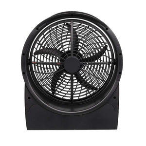 Black circular box fan with a protective grille