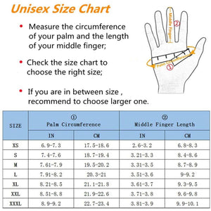 Unisex glove size chart showing palm circumference and middle finger length measurements in inches and centimeters