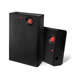 Two black rectangular electronic remote control units with red buttons and indicator lights