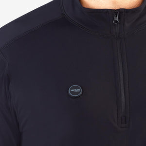 Close up of black Venture Heat quarter zip base layer with chest power button