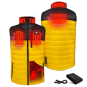 ActionHeat Iowa heated vest showing heating element placement and dimensions with battery pack and charging cable