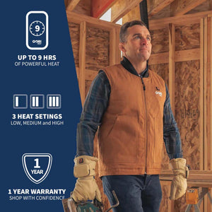 Man wearing Gobi Heat vest featuring 9 hour battery life, 3 heat settings, and 1 year warranty