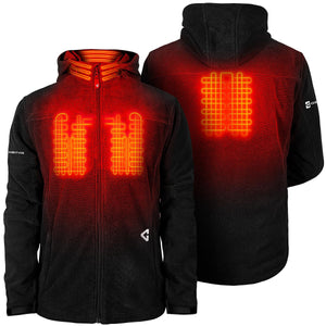 Gerbing heated jacket showing internal heating elements in red on front and back views