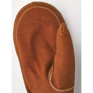 Brown leather oven mitt with visible white stitching
