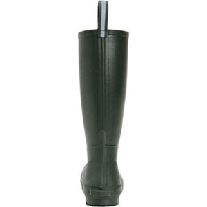 Back view of a dark green Muck rubber boot with a pull tab