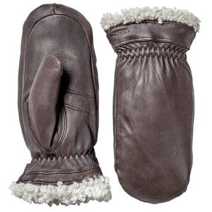 Hestra brown leather mittens with white shearling cuffs