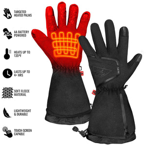 Black and red battery powered heated fleece gloves with feature list