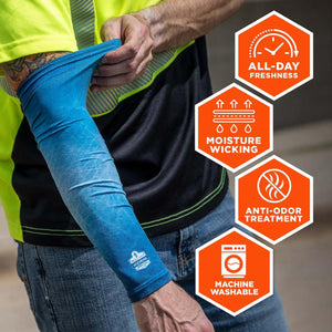 Person wearing Ergodyne blue arm sleeve with icons for moisture wicking anti-odor treatment and machine washability