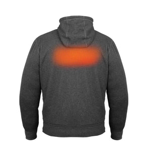 Back view of a grey Mobile Warming heated hoodie showing the glowing orange heating element panel