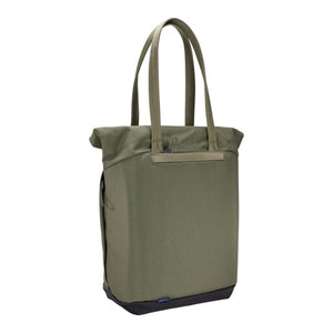 Olive green tote bag with dual handles and black base