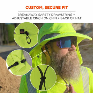 Ergodyne hi-vis hat showing adjustable chin strap and back cinch features