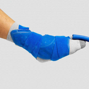 Polar Products blue cold therapy wrap secured around a foot and ankle with velcro straps