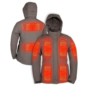 Grey hooded jacket showing internal heating elements on chest back and arms