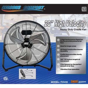 Seasons Comfort 20 inch high velocity metal cradle fan with three speeds and adjustable tilt