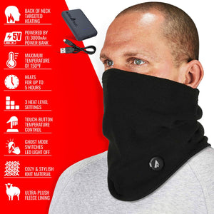 ActionHeat black heated neck gaiter with power bank and feature list