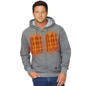 Man wearing a grey Venture Heat zip up hoodie with visible glowing orange heating elements on the chest